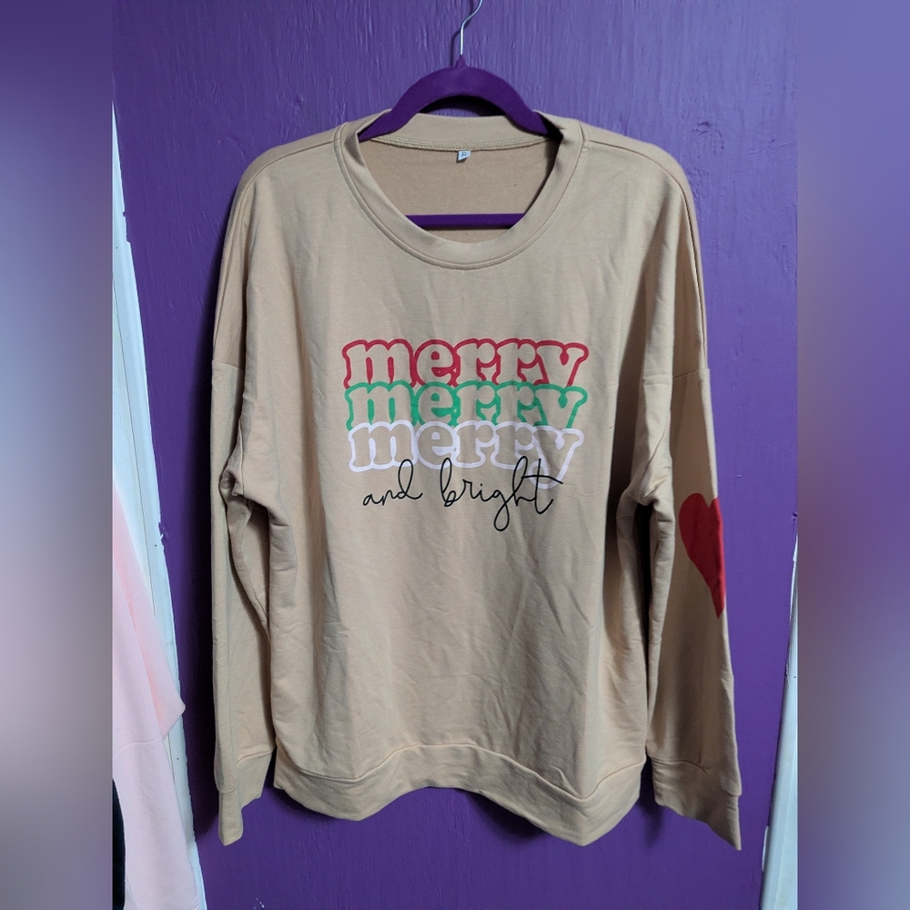 MERRY MERRY MERRY AND BRIGHT Tan Long Sleeve Crewneck Sweatshirt XL 16 18